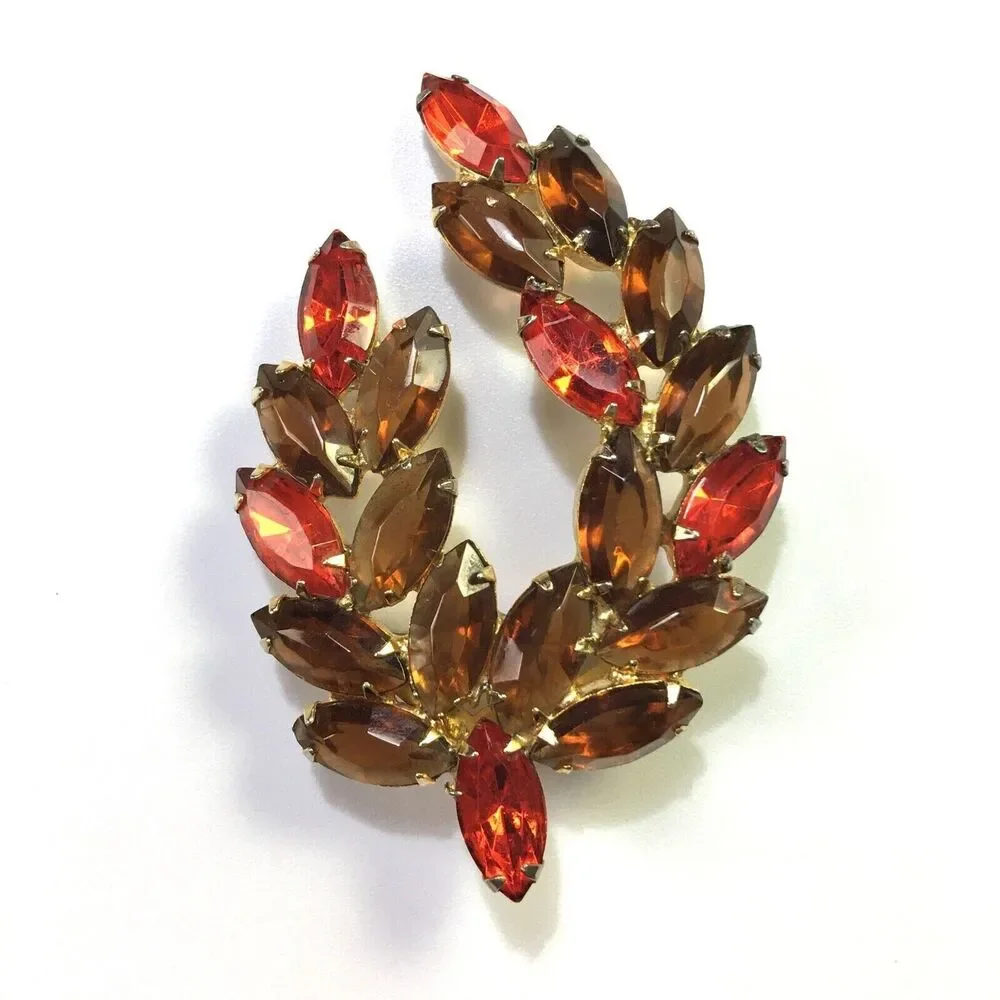 Vintage Glass Rhinestone Brooch Brown Topaz Color & Orange Navettes